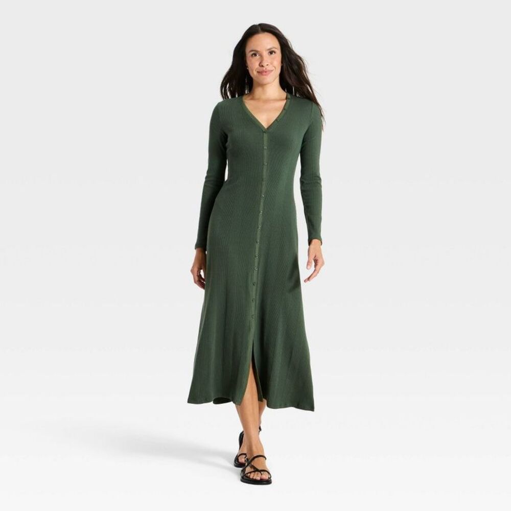 Women's Long Sleeve Knit Maxi A-Line Dress - Universal Thread Green XS